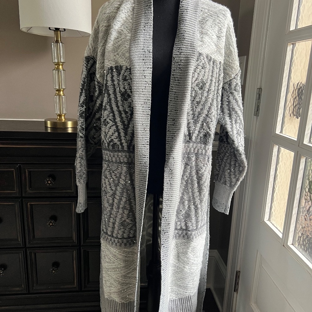 White House Black Market Women's Silver Sparkle Wrap Sweater Top Size L - Picture 3 of 5